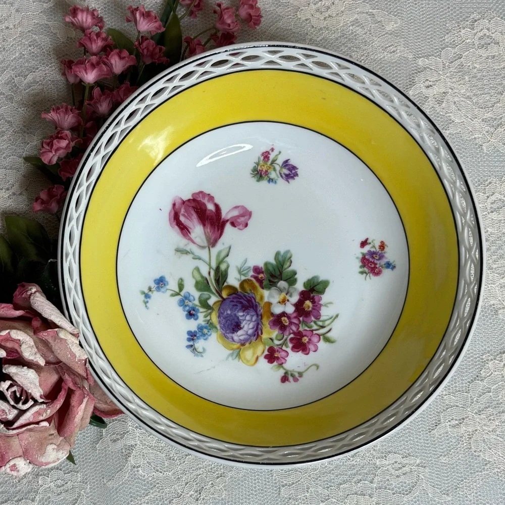 Vintage Floral Bowl Bavaria Serving Dish Cottage Rose Flower Cut Out Pink White